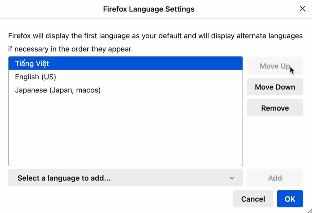 Hướng dẫn đổi ngôn ngữ trình duyệt Firefox